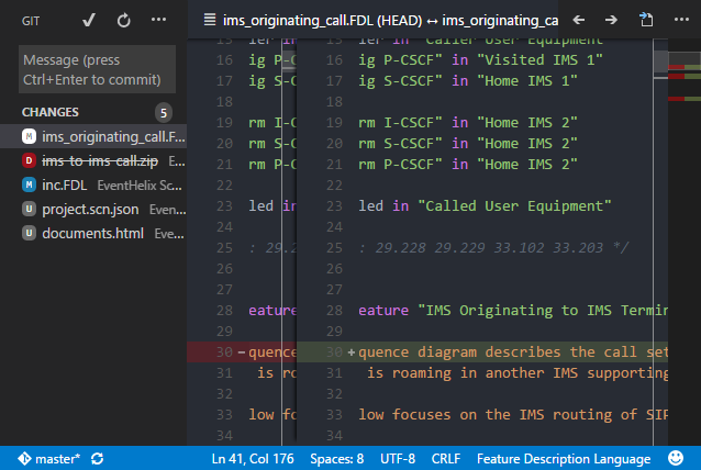 Use the built in git client to collaborate within the systems engineering team. Vscode window showing git integration