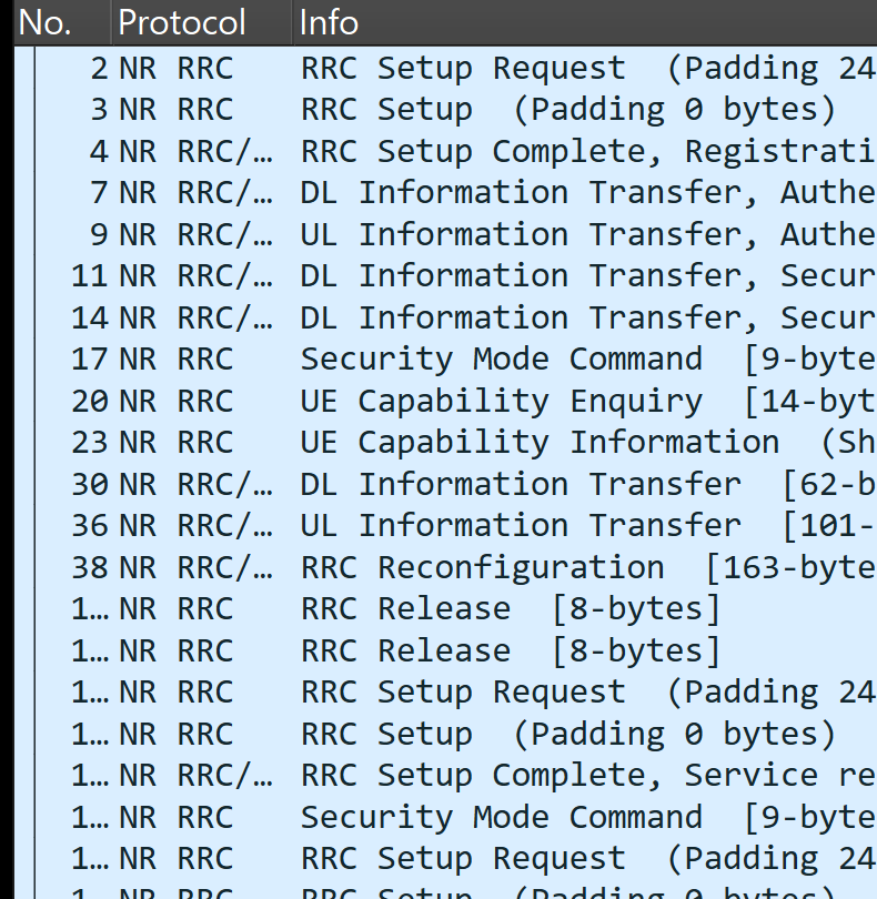 A Wireshark packet list of a 5G NR capture, filtered to the RRC signaling messages.