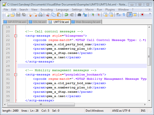 Editor window showing the FXT file that defines filtes for sequence diagram extraction.