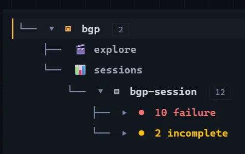 VisualEther capture tree for the bgp project: an explore diagram and a sessions group, with bgp-session expanded to show 10 failure and 2 incomplete sessions.