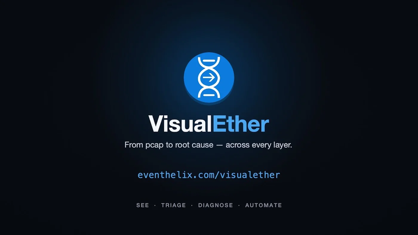 VisualEther title card: 'From pcap to root cause — across every layer' over the See · Triage · Diagnose · Automate workflow