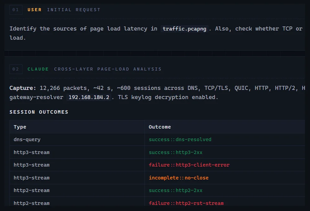 A Claude Code transcript naming an upstream DNS forwarder stall as the source of the page-load latency.