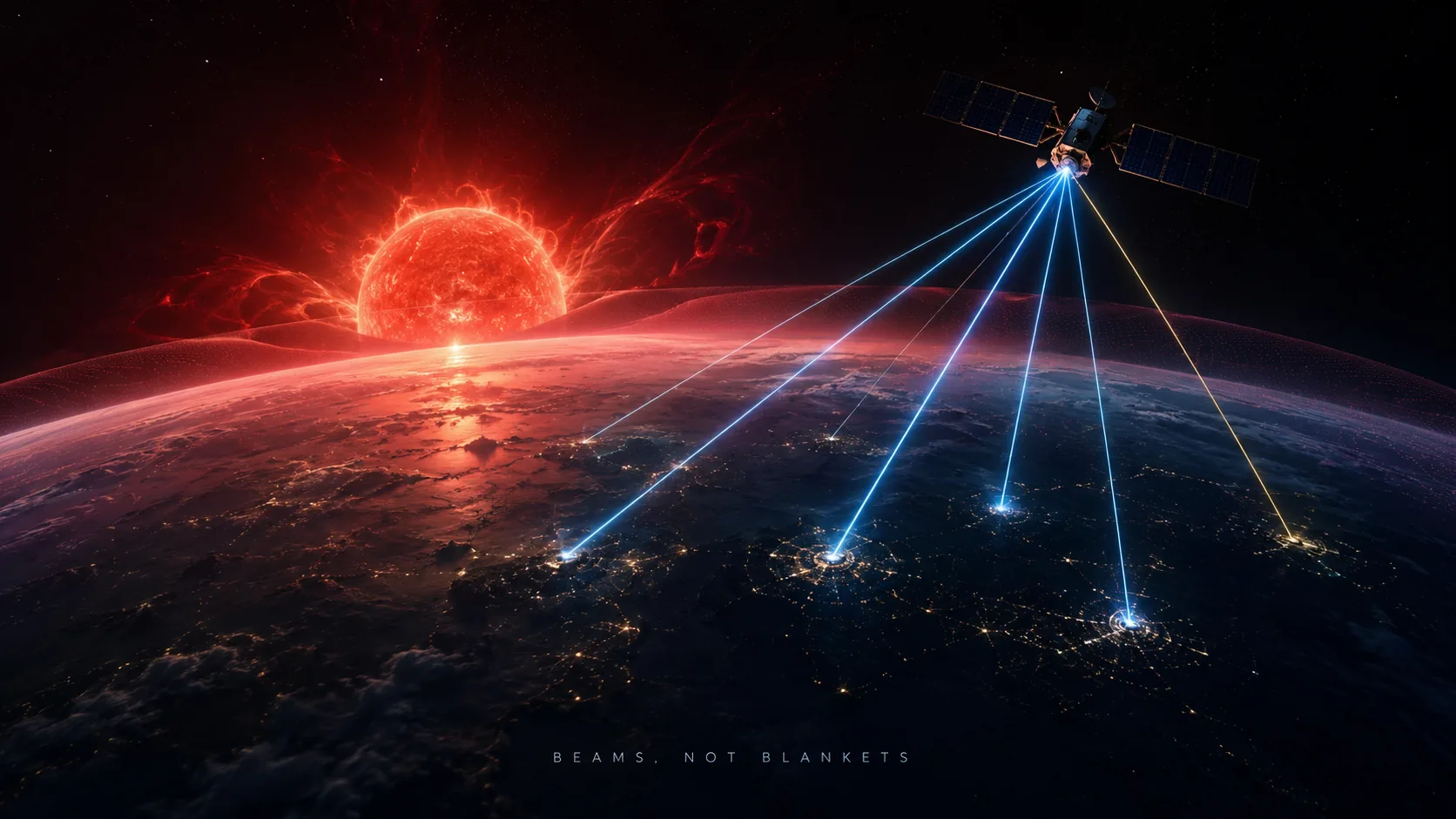 A satellite over the tidally locked planet casting many independent pencil beams, each landing on its own lit town along the twilight band rather than one wide blanket, with the red dwarf low on the horizon
