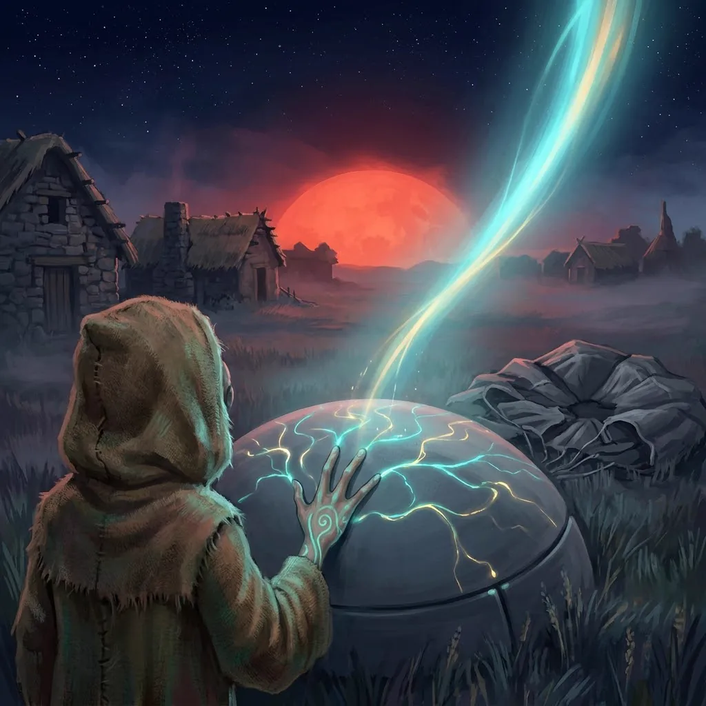 A hooded villager lays a palm on the seamless, rounded terminal at the edge of a village and it wakes, light threading up from it into the sky beside the fallen parachute canopy, the red dwarf resting on the horizon