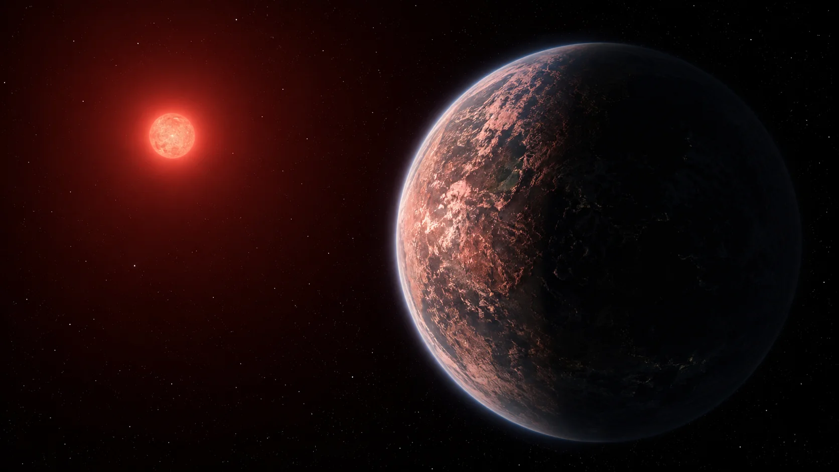 The red dwarf and its tidally locked planet: one face lit forever, one face forever dark