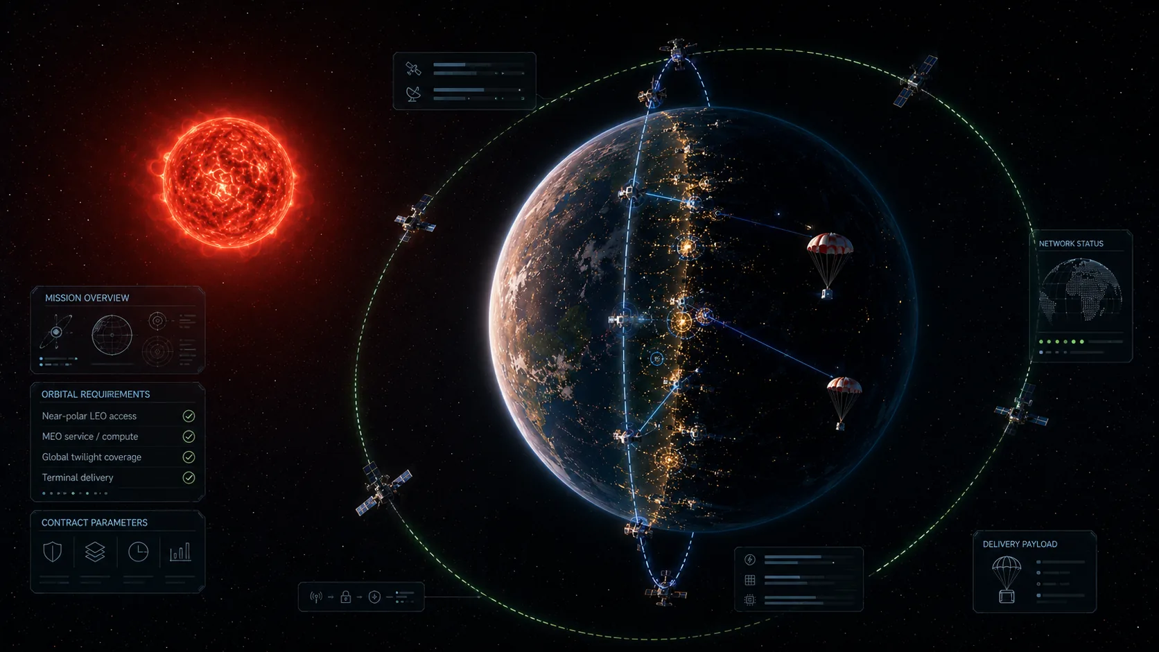 Mission overview: satellites ring the tidally locked planet beside its red dwarf star while ground terminals descend by parachute toward the habitable terminator