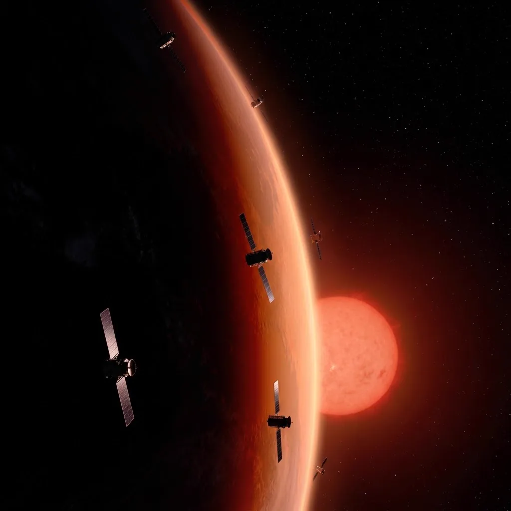 Satellites strung in a ring along the tidally locked planet's terminator, a frozen necklace linked by laser, with the red dwarf glowing low behind the limb