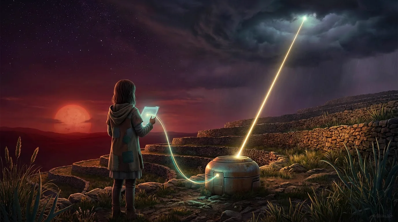 A child in the twilight band holds a slate linked by one unbroken thread of light to the parachuted terminal and up through a storm to the satellite — the conversation that never drops a word through rain, flares, or handovers